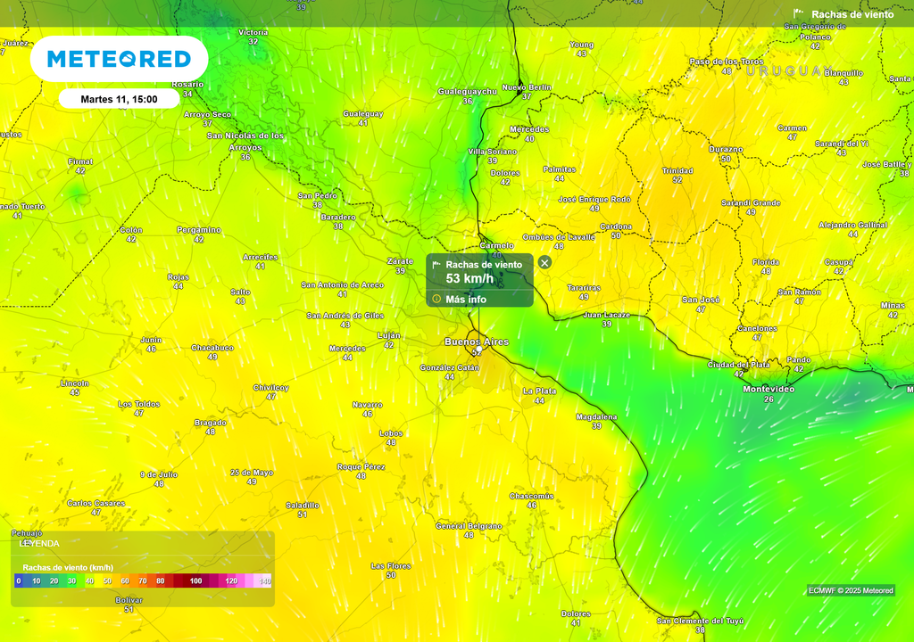 Rachas de viento Martes 11 de noviembre 15 h