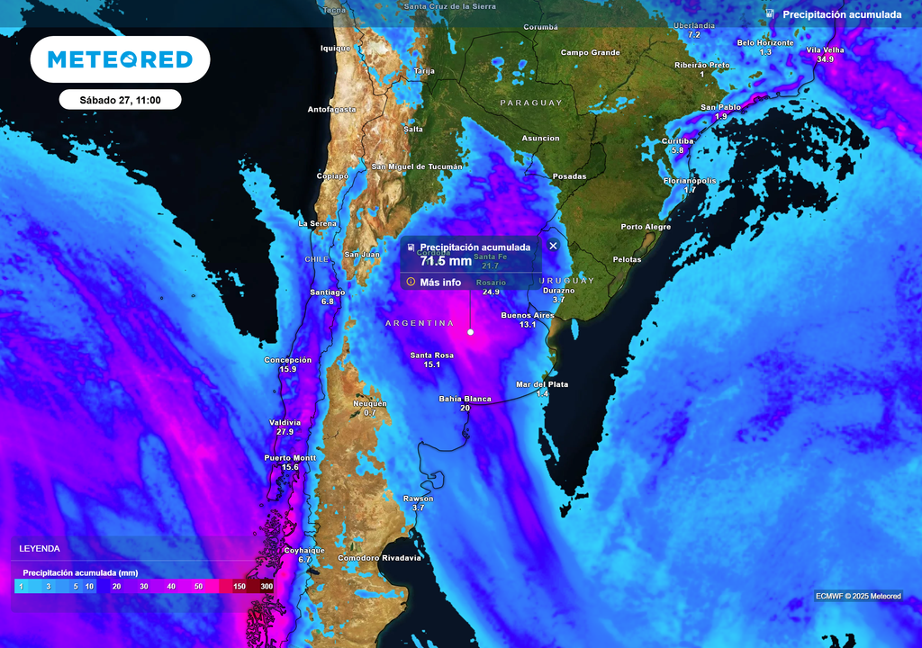 Precipitación acumulada según el modelo ECMWF el sábado 27 de septiembre de 2025