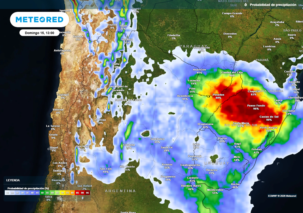 Probabilidad de precipitaciones durante el próximo domingo según mapas propios basados en nuestro modelo de confianza ECMWF