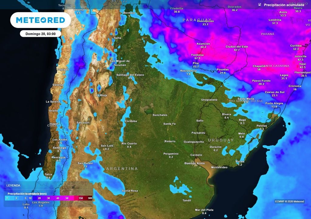 Pronóstico, Clima, Tiempo, Argentina Acumulados de lluvia previstos hasta el próximo domingo según nuestro modelo de referencia ECMWF