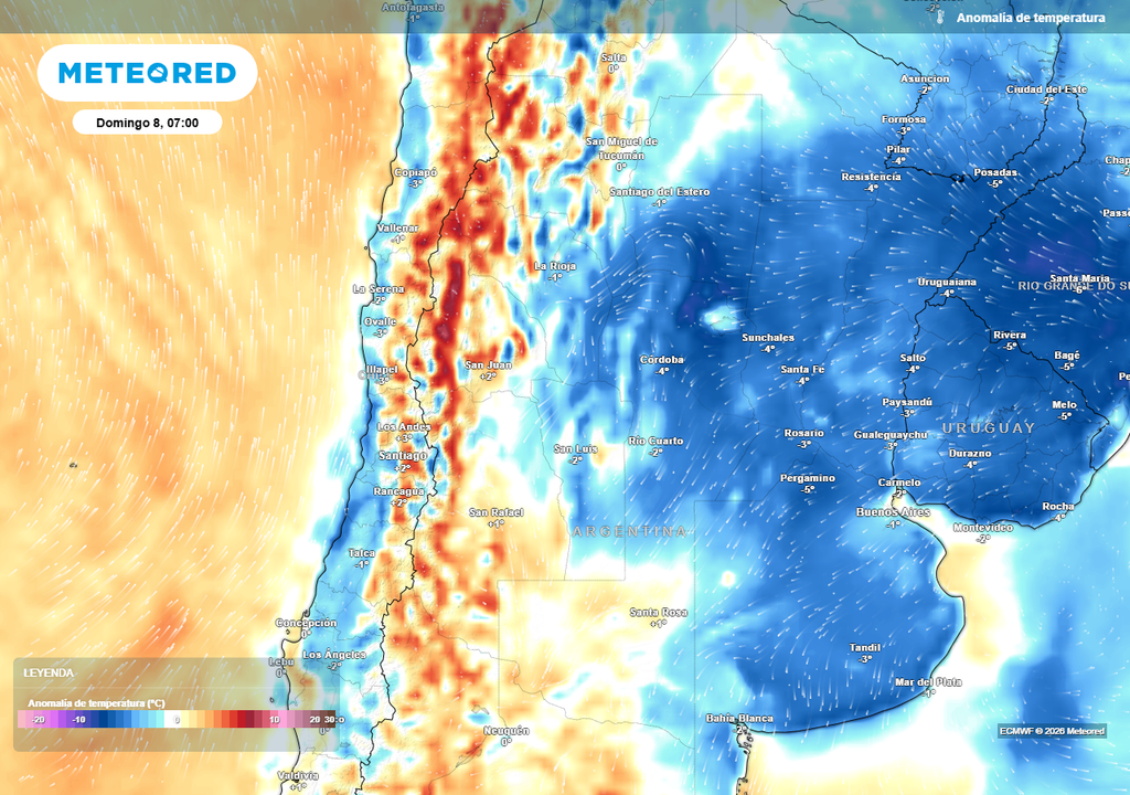 Anomalía de temperatura prevista para el próximo domingo según el modelo ECMWF