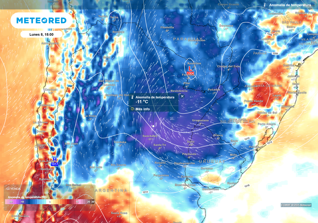Anomalía de temperatura Lunes 8 de diciembre 15 h Anomalía de temperatura Lunes 8 de diciembre 15 h