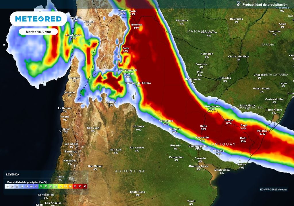 Pronóstico, Clima, Tiempo, Argentina Probabilidad de precipitaciones durante el próximo martes según mapas propios basados en nuestro modelo de confianza ECMWF