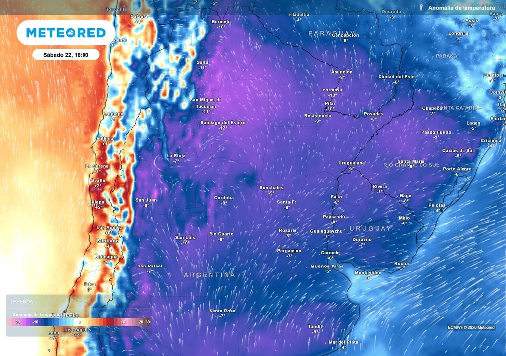 Pronóstico, Clima, Tiempo, Argentina Anomalía de temperatura prevista para el próximo sábado según el modelo ECMWF