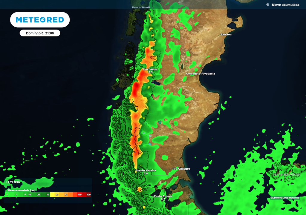 Acumulados de nieve previstos hasta el próximo domingo según nuestro modelo de referencia ECMWF