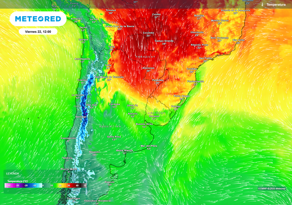 Temperaturas para el día viernes 22 de agosto a las 12 h, según el modelo ECMWF