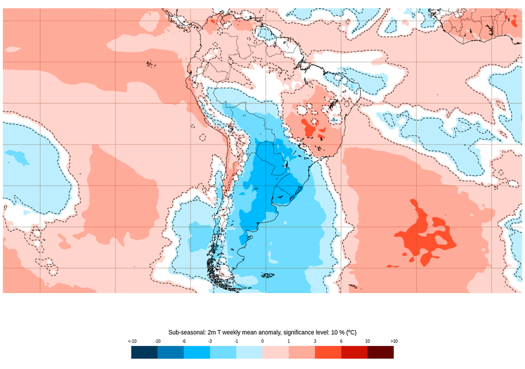 Pronóstico, Clima, Tiempo, Argentina, Frío, Anomalía, Lluvias, ECMWF, Semanal, Temperaturas, Mayo, Agro Anomalía de temperaturas prevista para los próximos 7 días según el modelo ECMWF