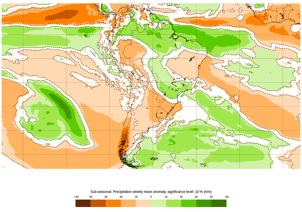 Pronóstico, Clima, Tiempo, Argentina, Frío, Anomalía, Lluvias, ECMWF, Semanal, Temperaturas, Mayo, Agro Anomalía de precipitaciones prevista para los próximos 7 días según el modelo ECMWF