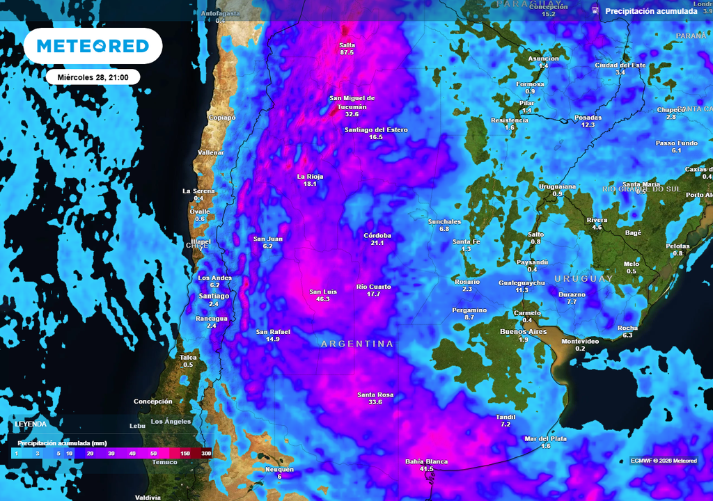 Temperatura, Calor, Lluvia, Tormenta, Clima, Tiempo, Pampeana, Buenos Aires, Argentina, Córdoba Acumulados de lluvia previstos hasta el próximo miércoles según nuestro modelo de referencia ECMWF