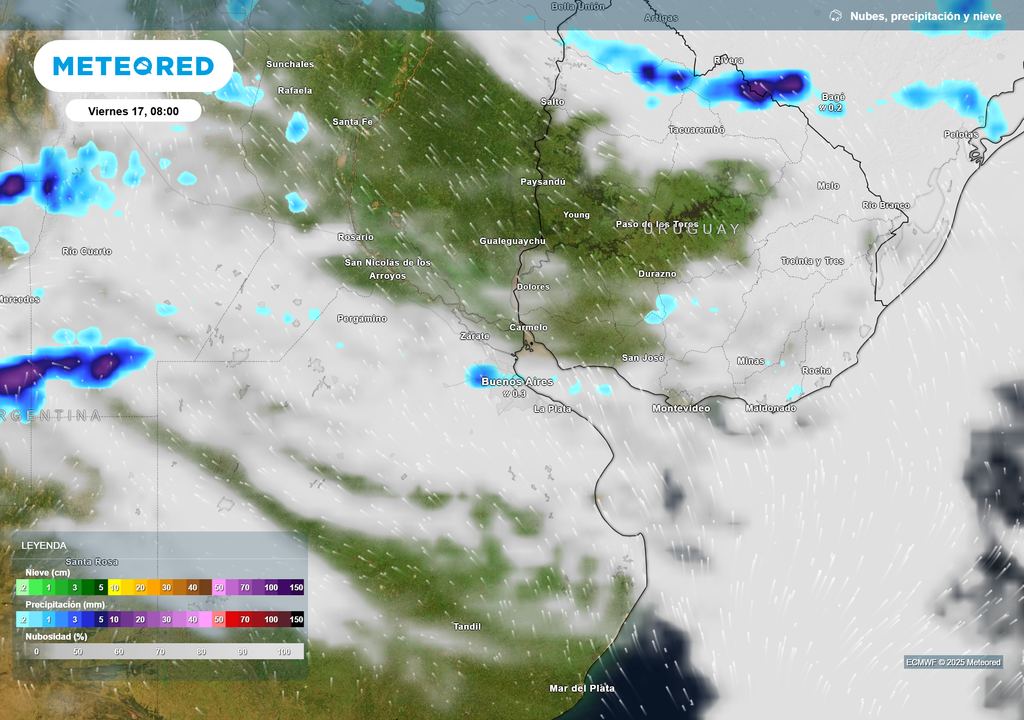 Nubes_ precipitación y nieve__Viernes 17 de octubre a las 8 h según el modelo ECMWF.