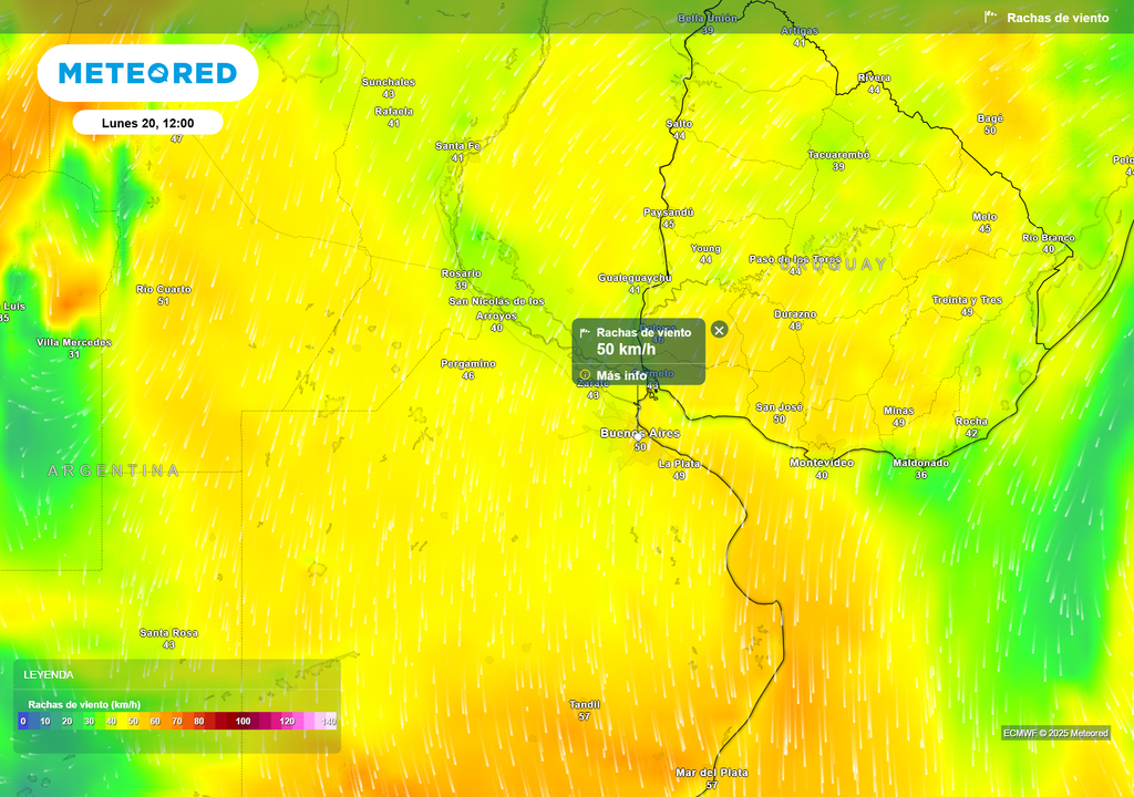 Ráfagas de viento para el lunes 20 de septiembre a las 12 h, según el modelo ECMWF.