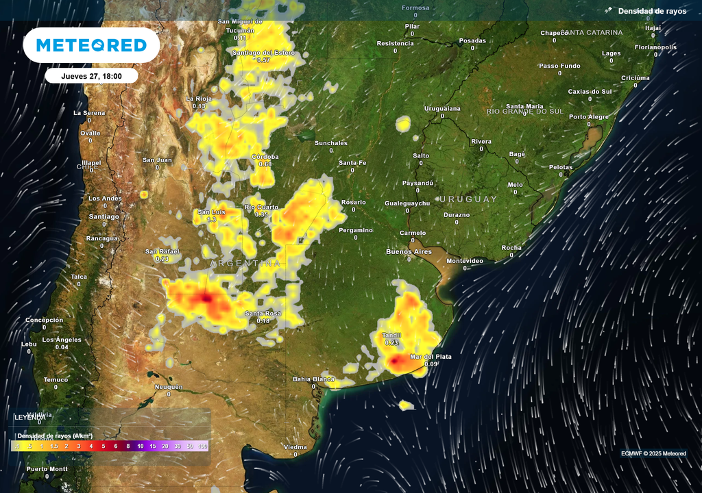 Densidad de rayos Jueves 27 de noviembre a las 18 h