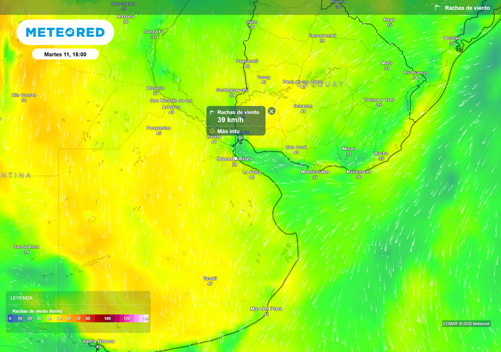 Rachas de viento Martes 11 de noviembre 15 h