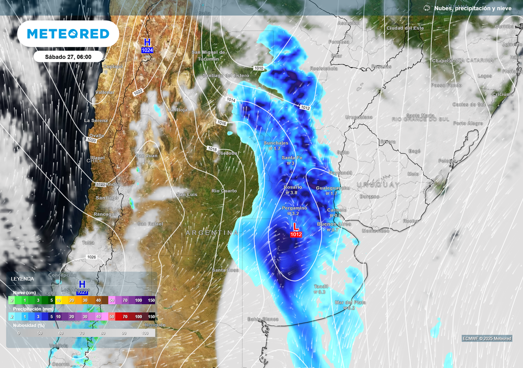 Nubes, Precipitación y nieve según el modelo ECMWF el sábado 27 de septiembre a las 06 hs en Buenos Aires