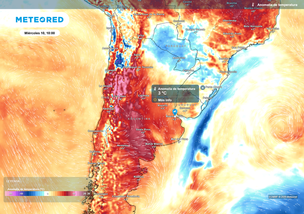 Anomalías de temperaturas para el día miércoles 10 de septiembre a las 10 h, según el modelo ECMWF