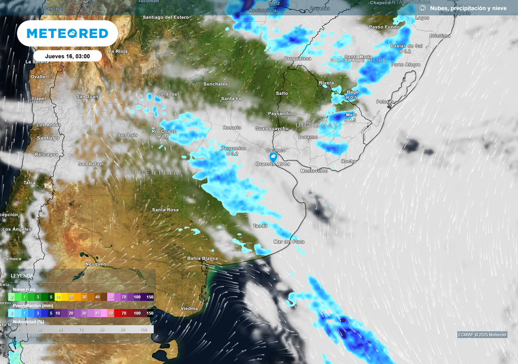 Nubes, precipitación y nieve para el Jueves 16 de octubre a las 3 hs