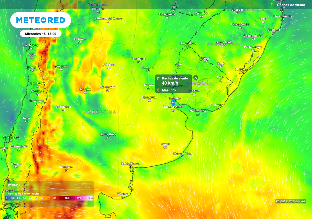 Rachas de viento en superficie para el día miércoles 15 de octubre a las 13 h, según el modelo ECMWF.