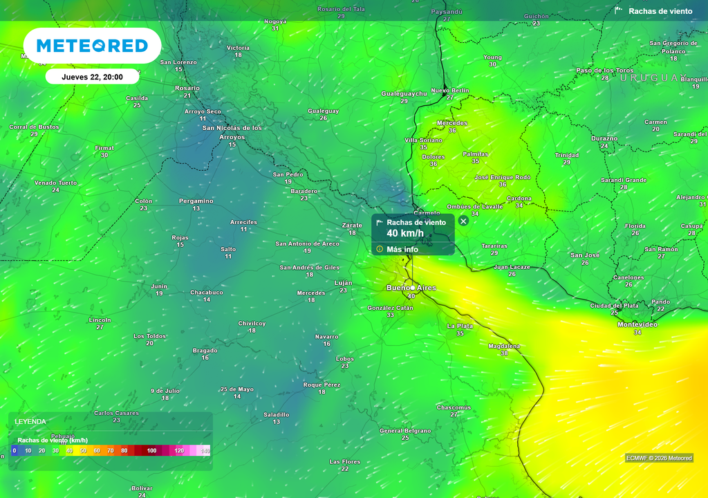 Ráfagas de viento para el jueves 22 de enero a las 20 h, según el modelo ECMWF.