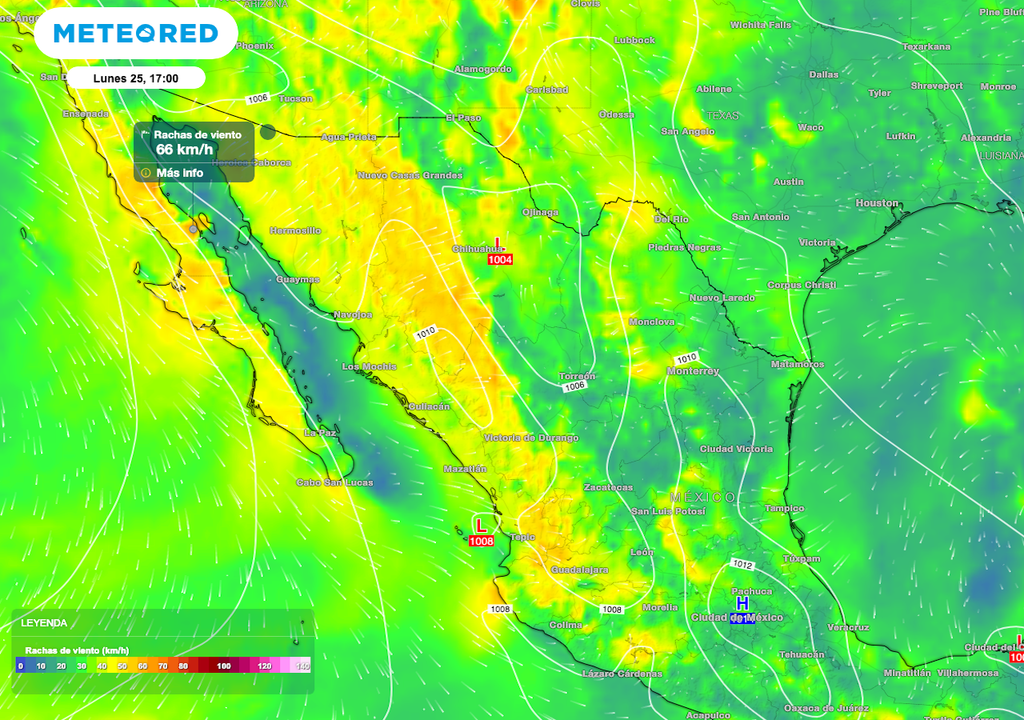 Los vientos más fuertes, serán las rachas de 60 a 80 km/h sobre entidades del Noroeste, Norte y parte del Occidente.