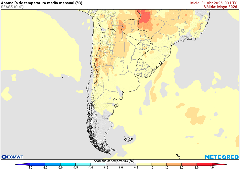 Anomalía de temperatura prevista para el mes de mayo según el modelo ECMWF