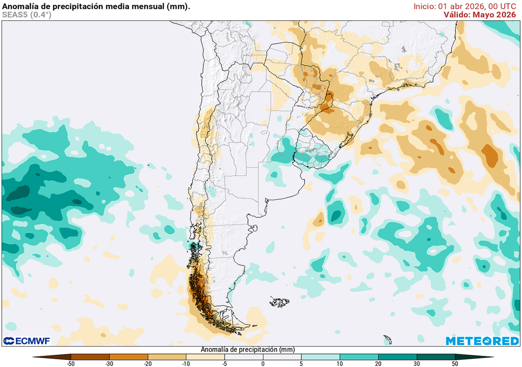 Anomalía de precipitaciones prevista para el mes de mayo según el modelo ECMWF