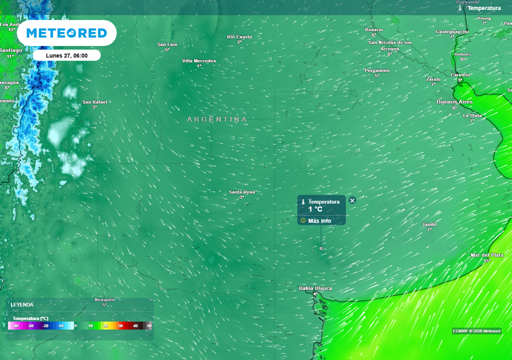 Temperaturas previstas para la mañana del lunes según nuestro modelo de confianza el ECMWF