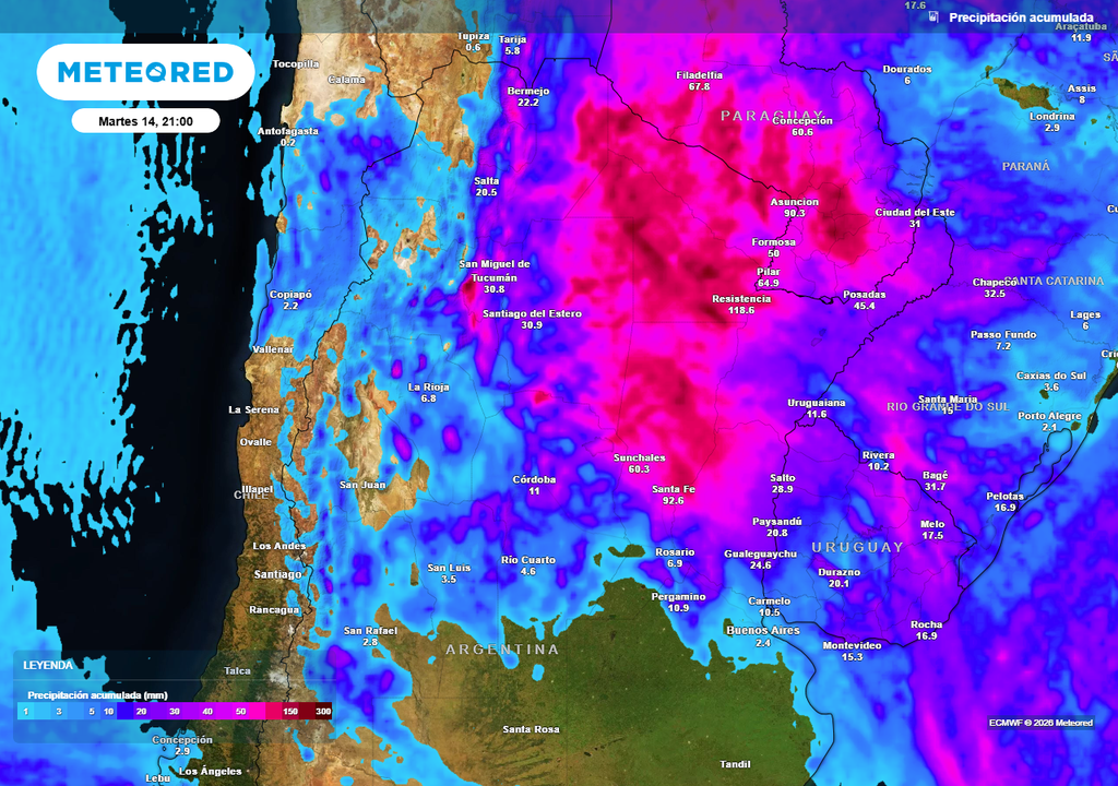 Acumulados de lluvia previstos hasta el próximo martes según nuestro modelo de referencia ECMWF