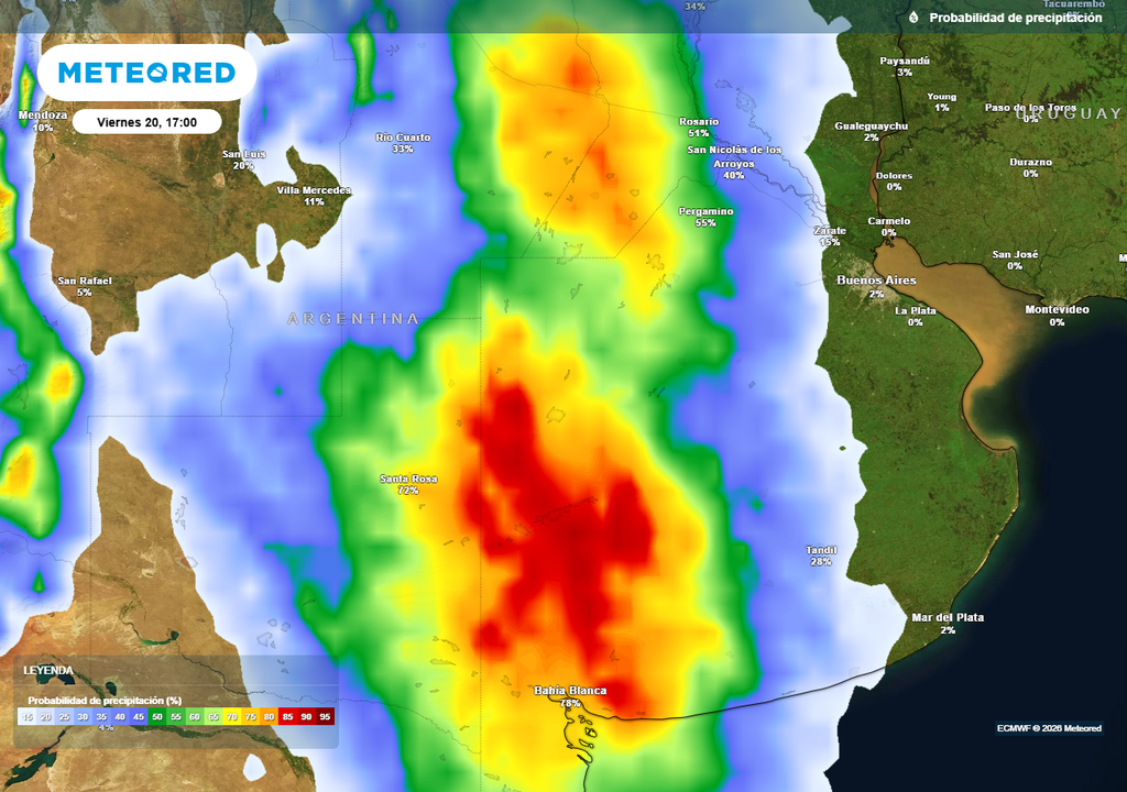Probabilidad de precipitaciones durante el próximo viernes según mapas propios basados en nuestro modelo de confianza ECMWF