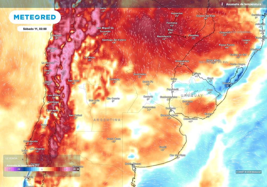 Pronóstico, Clima, Tiempo, Argentina, Temperaturas, Anomalía, Nubosidad, Lluvias, Pampeana, NEA, ECMWF, Heladas, Invierno, Servicio Meteorológico Nacional Anomalía de temperatura prevista para el próximo sábado según el modelo ECMWF