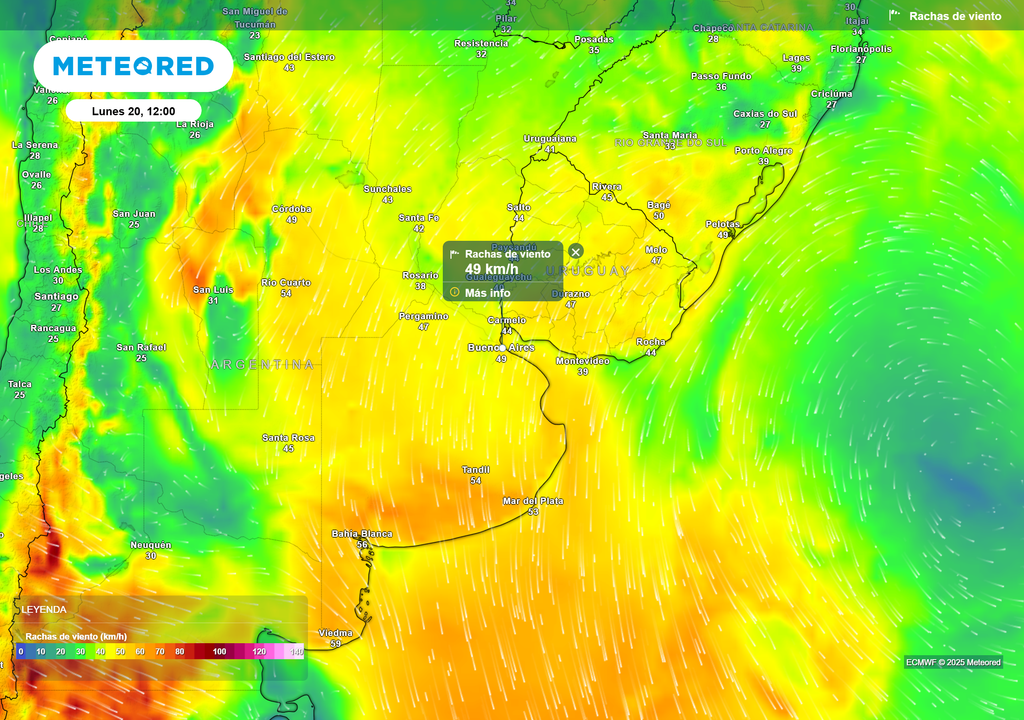 Ráfagas de viento para el lunes 20 de octubre a las 12 h, según el modelo ECMWF.