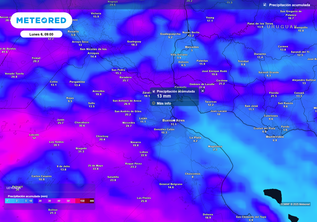 Precipitación acumulada según el modelo ECMWF para el lunes 6 de octubre a las 9 h en Buenos Aires
