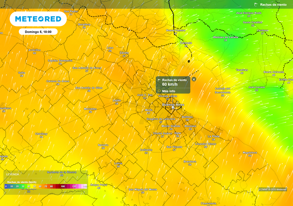 Ráfagas de viento para el domingo 5 de octubre a las 18 h, según el modelo ECMWF.