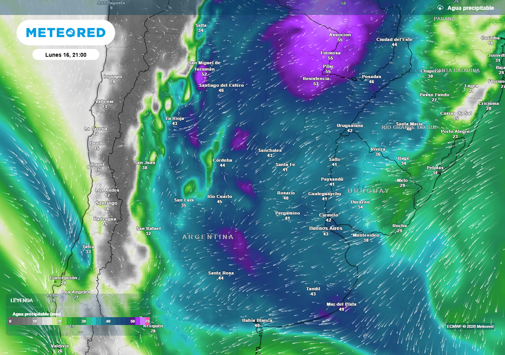 Agua precipitable prevista para la noche del lunes según nuestro modelo de referencia el ECMWF