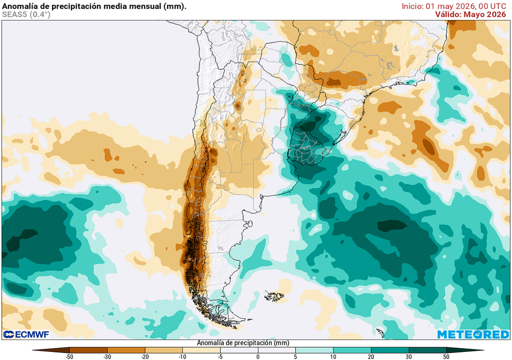 Anomalía de lluvias previstas para el mes de mayo según los mapas propios basados en el modelo ECMWF.