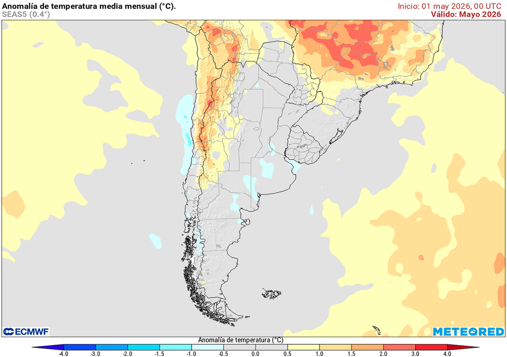 Anomalía de temperatura prevista para el mes de mayo según el modelo ECMWF