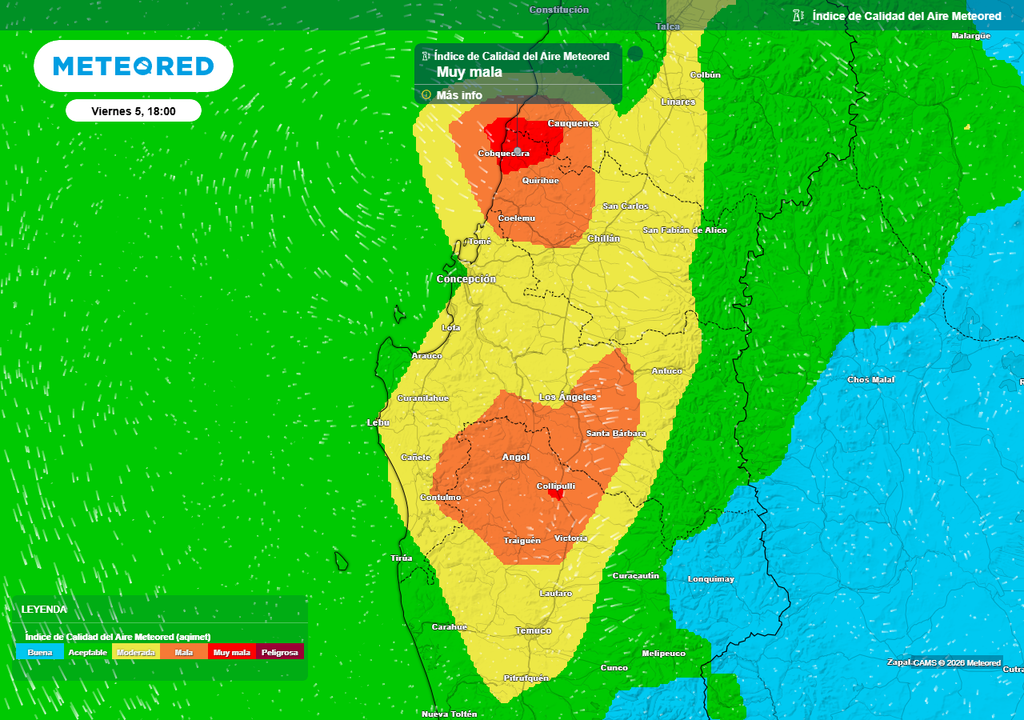 Índice de Calidad del Aire (ICA) para la tarde del viernes 05 de junio 2026 en las regiones de Ñuble, Biobío y La Araucanía.