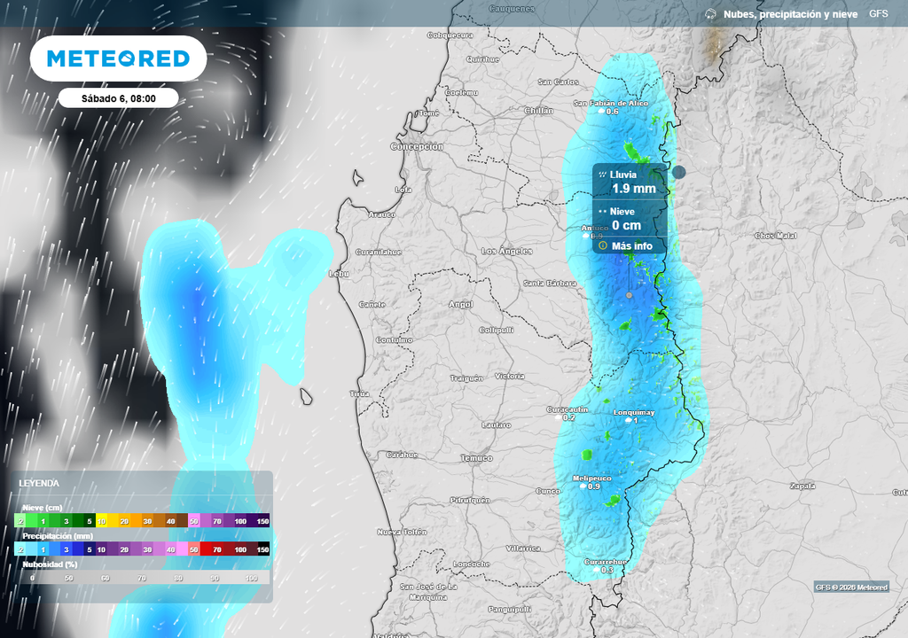 Precipitación (mm) para la mañana del sábado 06 de junio 2026 en las regiones de Ñuble, Biobío y La Araucanía.