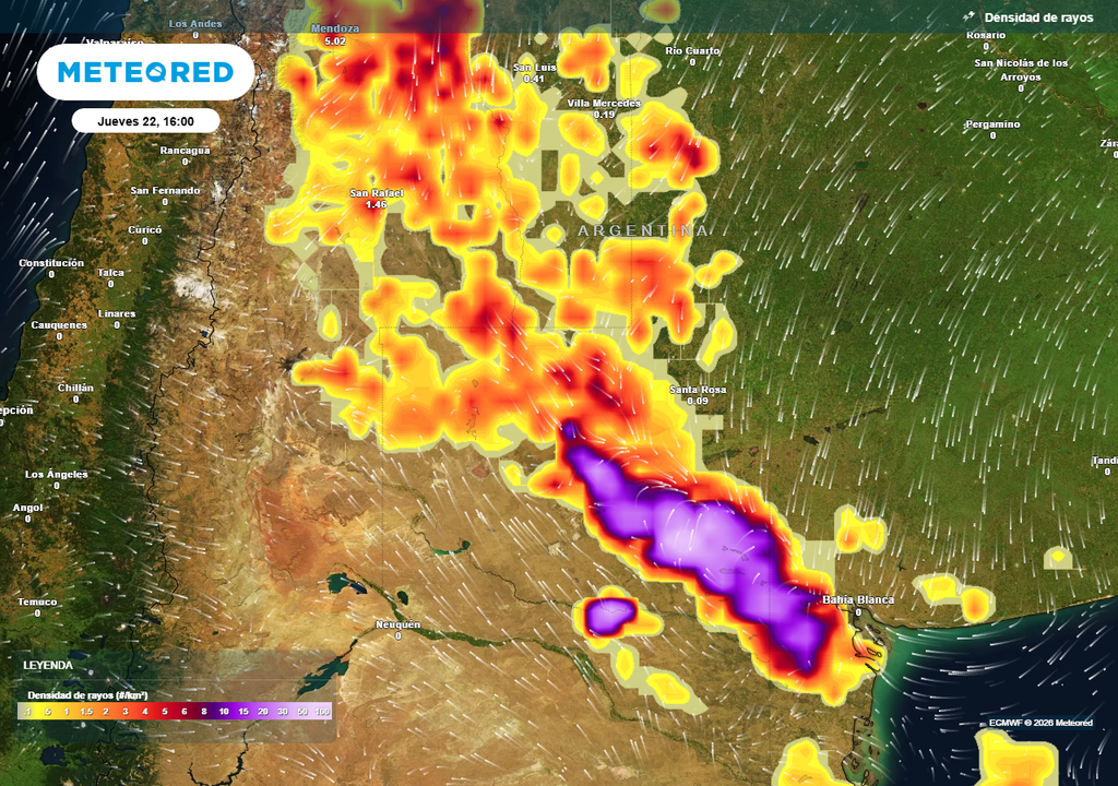 Densidad de rayos prevista para la tarde del jueves según nuestro modelo de referencia, el ECMWF