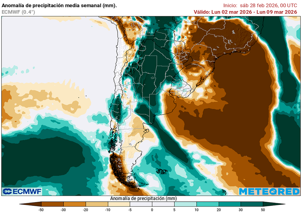 Quincena, Marzo, Lluvia, Tormenta, Temperatura, Pronóstico, Tiempo, Clima, Argentina, Buenos Aires, Córdoba Anomalía de lluvias previstas para la primera semana de marzo según los mapas propios basados en el modelo ECMWF.