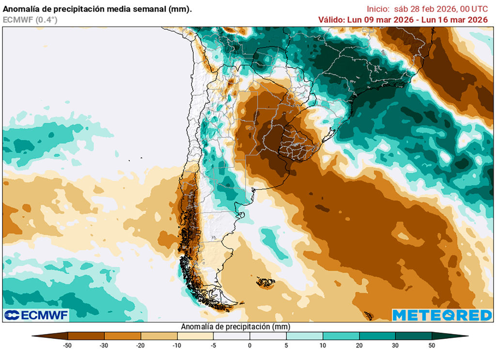 Quincena, Marzo, Lluvia, Tormenta, Temperatura, Pronóstico, Tiempo, Clima, Argentina, Buenos Aires, Córdoba Anomalía de lluvias previstas para la segunda semana de marzo según los mapas propios basados en el modelo ECMWF.