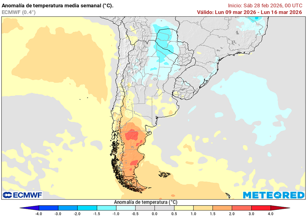 Quincena, Marzo, Lluvia, Tormenta, Temperatura, Pronóstico, Tiempo, Clima, Argentina, Buenos Aires, Córdoba Anomalía de temperaturas previstas para la primera semana de marzo según los mapas propios basados en el modelo ECMWF.