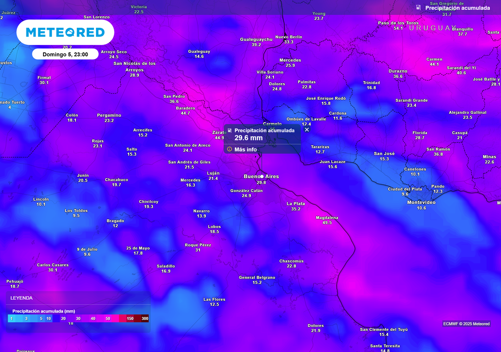 Precipitación acumulada según el modelo ECMWF el domingo 5 de octubre a las 23 h en Buenos Aires
