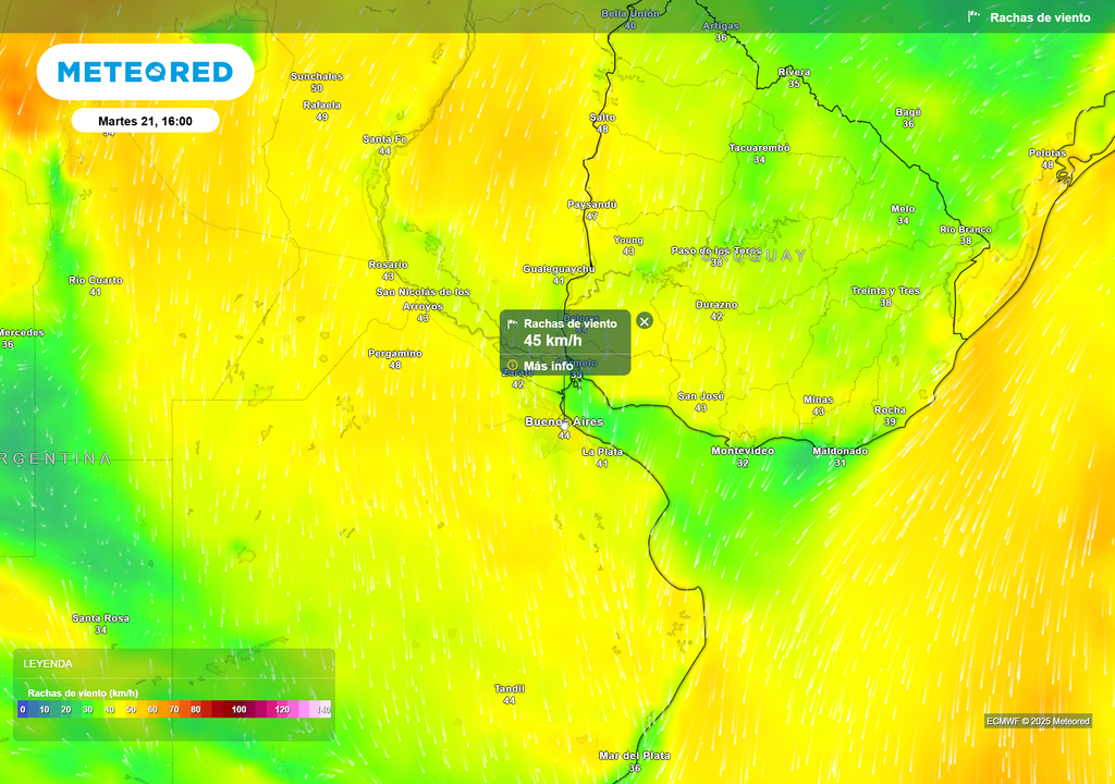 Rafagas de viento para el martes 21 de octubre a las 16 h.