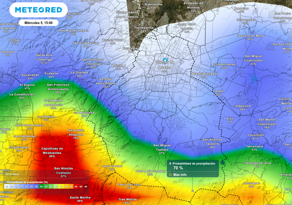 clima; pronostico; el tiempo; CDMX La mayor probabilidad de lluvias la primera mitad de esta tarde se concentran en las zonas altas del sur y surponiente.
