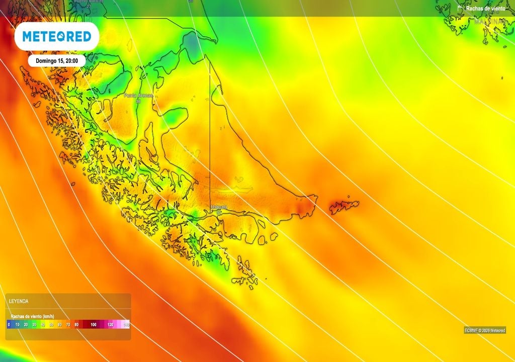 Por delante de un frente frío que se aproximará desde el Pacífico Sur se esperan ráfagas superiores a los 70 km/h del norte o del noroeste sobre Tierra del Fuego.