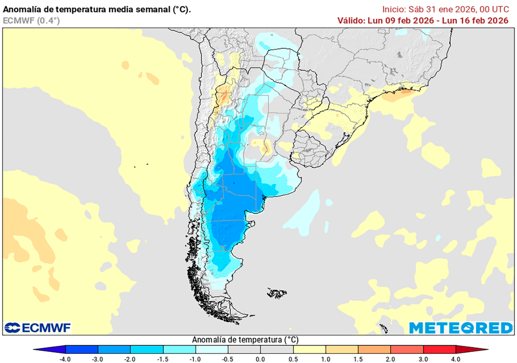 Anomalía de temperatura prevista la semana del lunes 9 al 16 de febrero según nuestro modelo de referencia ECMWF