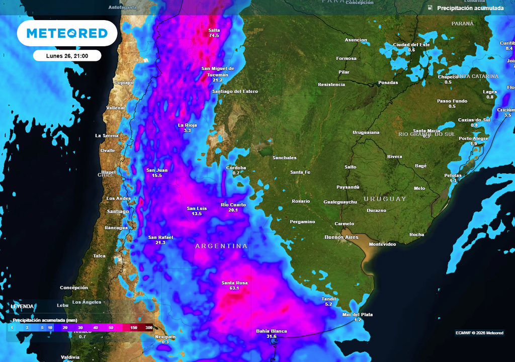 Acumulados de lluvia previstos hasta el próximo lunes según nuestro modelo de referencia ECMWF