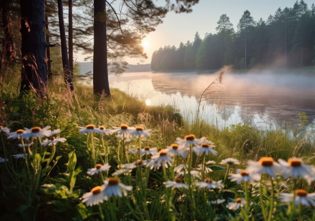 Paisaje de un lago con bruma sobre el agua, flores blancas en su orilla y un bosque en sus orillas