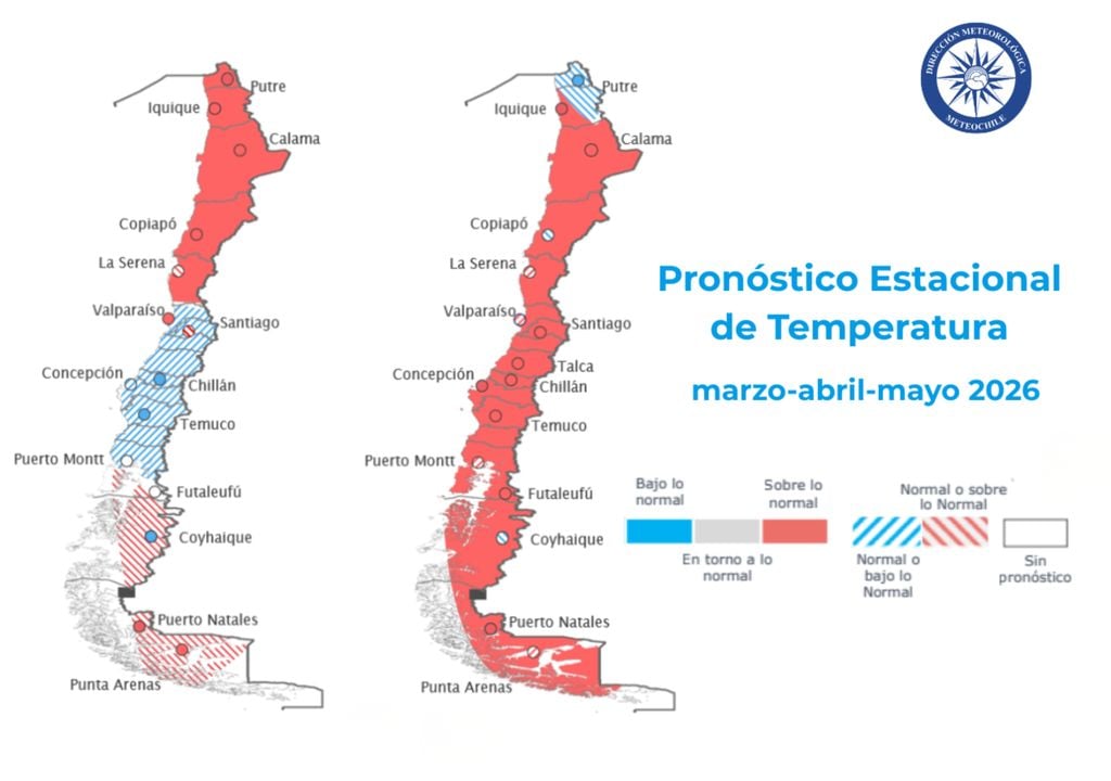 Pronóstico estacional de temperaturas para el trimestre MAM 2026: predominan máximas sobre lo normal en gran parte del país, mientras que en sectores del centro-sur podrían registrarse condiciones normales o bajo lo normal en las mínimas, según la Dirección Meteorológica de Chile.