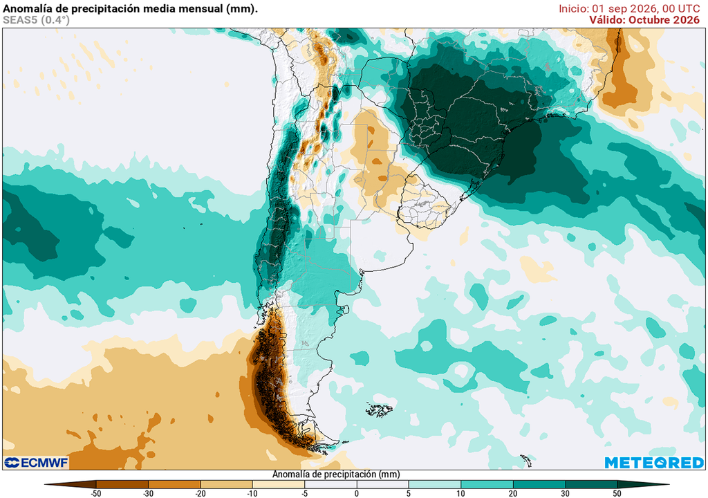 Pronóstico, Clima, Tiempo, Argentina, Niño Anomalía de precipitaciones para el mes de octubre según nuestro modelo de referencia el ECMWF